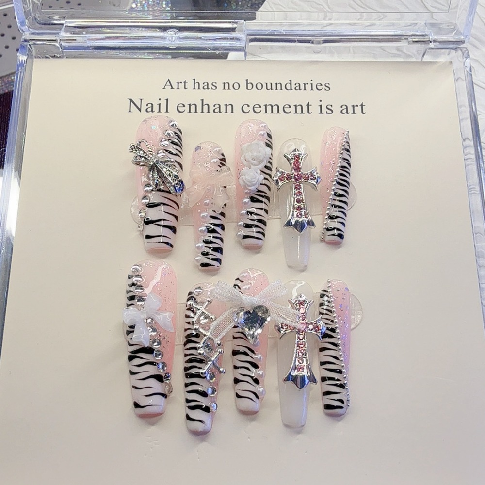 10 Pieces Y2K Pink Zebra Patte - đánh giá và giá Nail Art Zebra