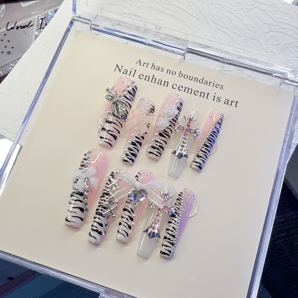 10 Pieces Y2K Pink Zebra Patte - đánh giá và giá Nail Art Zebra